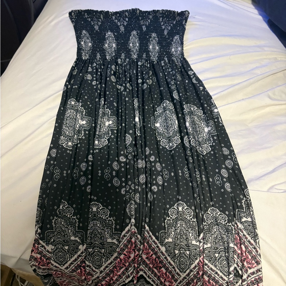 Strapless Black and White Paisley Dress